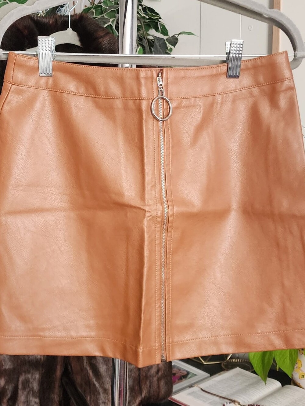 SHEIN Tan Faux Leather Zip-Front Mini Skirt